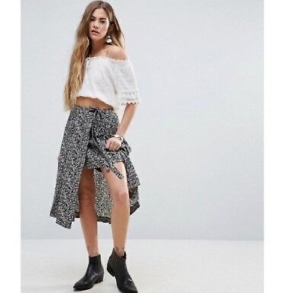 Free People Love Train Wrap Skirt Over Mini Skirt Black Combo